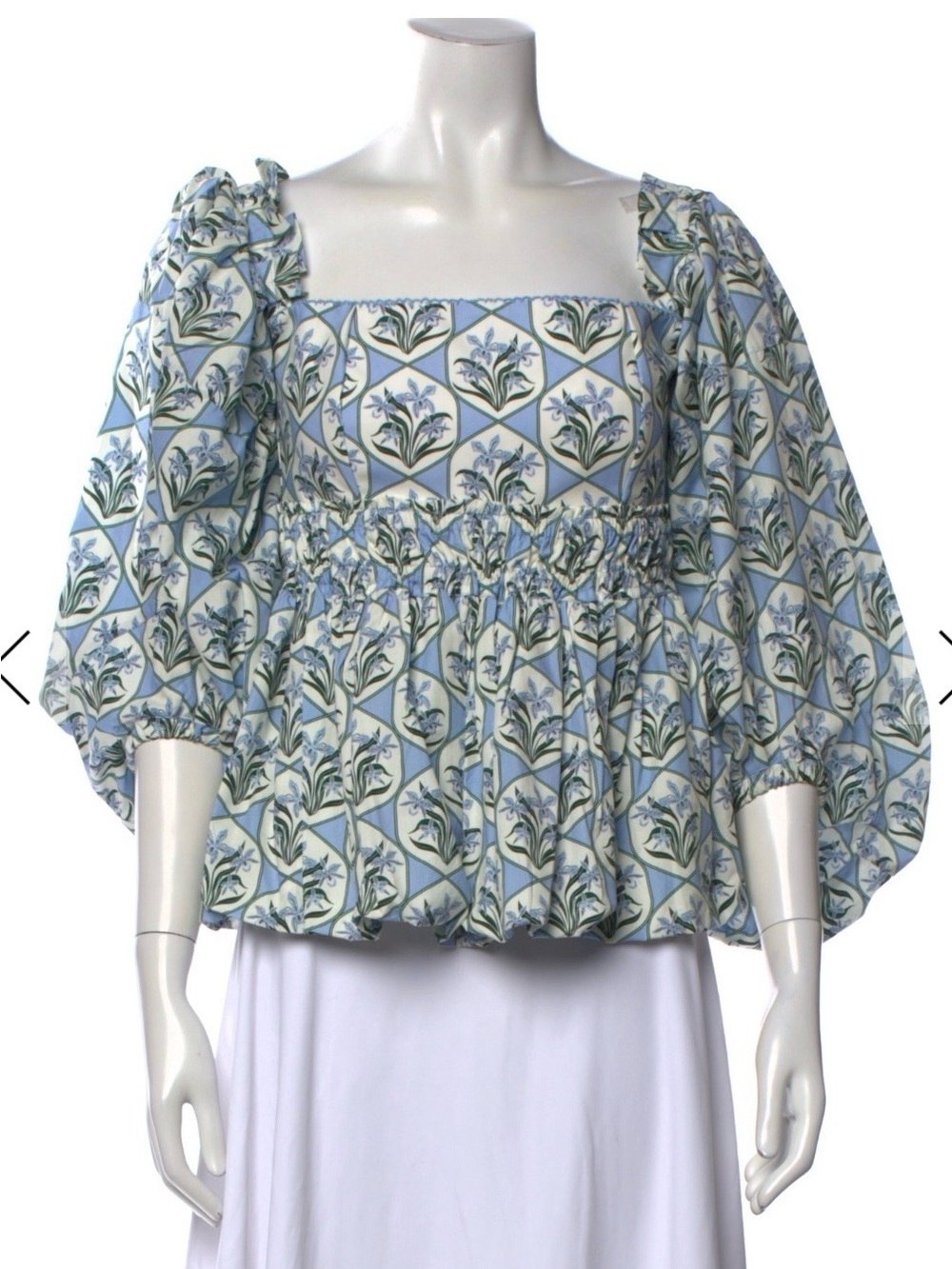 Agua by Agua Bendita Blue and White Floral Square-Neck Puff Sleeve Blouse